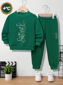 2入組男孩可愛舒適兔子圖案絨毛衫和慢跑褲套裝 - 綠色 - 查看 1