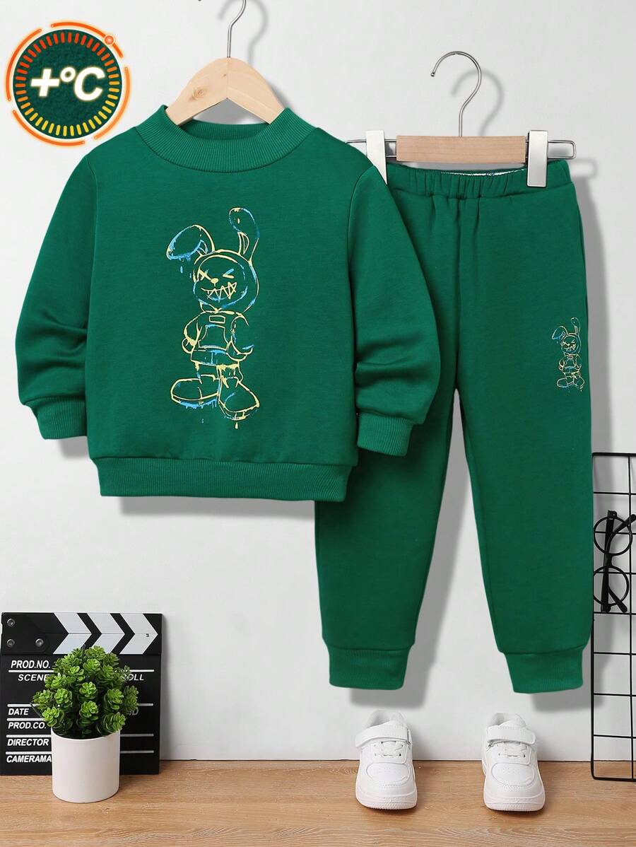 2入組男孩可愛舒適兔子圖案絨毛衫和慢跑褲套裝 - 綠色 - 查看 1
