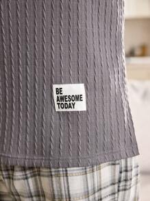 FamilyFrolics Men's Summer Minimalistic Letter Applique Textured Tank Top And Plaid Shorts Pajama Set - Dark Grey - View 3