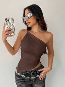 Flirla Maglie da donna a tinta unita con collo asimmetrico