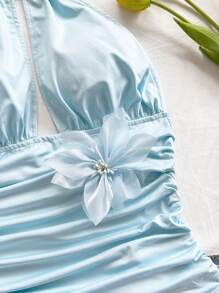 Soleia Women's Blue Vacation Knitted Halter Neck Blouse With Waist Ruching,Rave Top - Baby Blue - View 4