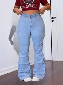 SHEIN ICON Plus Size Women High Waist Pleated Flare Casual Jeans - Light Wash - View 1