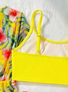 3pcs/Set Toddler Swimwear Set, Random Prints With Ruffle Trim - Yellow - View 5