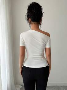 Elenzga Asymmetric Ruffle Floral Print Asymmetric Neck T-Shirt - Pink - View 2