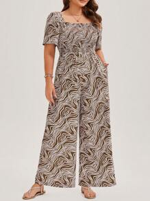 Women Plus Size Striped Print Square Neck Short Sleeve Jumpsuit With Waisted Flared Pants - Multicolor - View 5