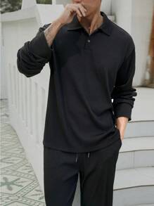 Manfinity Homme Men's Casual Versatile Black Long Sleeve Polo Shirt And Pants Set - Black - View 6