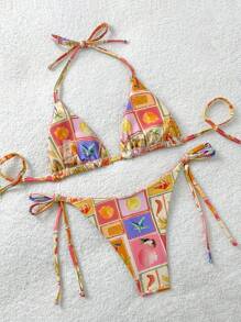 Soleia 2pcs Women Tropical Fruit Print Tie-Up Bikini Set For Vacation Summer - Multicolor - View 2