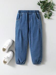 SHEIN Young Boy Elastic Waist Pockets Cuffed Casual Jeans - Dark Wash - View 1
