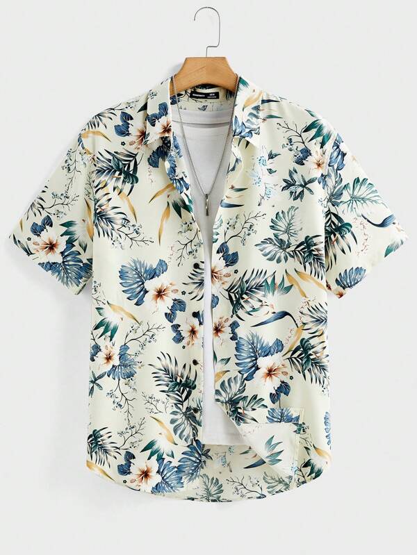 EASEVO Plus Size Men's Tropical Plant Print Short Sleeve Single-Breasted Shirt