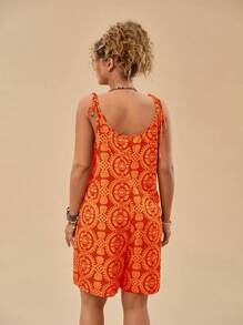 Travachic Plus Size Women Floral Retro Print Red Strap Loose Casual Jumpsuit - Orange - View 2