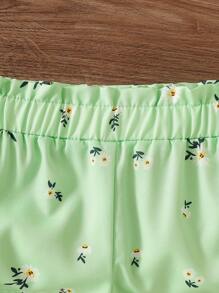 SHEIN BABAGIRL Cute Playful Orange Outfit: Refined Camisole With Cap Sleeves, Whimsical Childlike Pattern, Matching Bow, Perfect For Summer Outings - Green - View 7