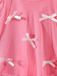 Baby Girl Spring&Summer Elegant Style Short Puff Sleeves Bowknot Decoration Wesh Dress - Pink - View 3