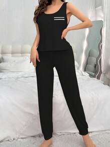 SHEIN Bộ đồ ngủ sọc túi thường ngày cho nữ, áo ba lỗ và quần dài cho mùa lễ hội - màu đen - Xem 3