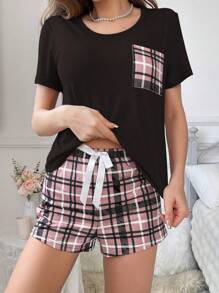2pcs Plaid Print Pocket Pajamas Set - Plaid Shorts - Black - View 5