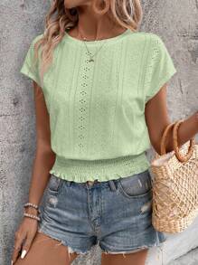 EMERY ROSE Crewneck T-Shirt, With Textured Fabric And Elastic Waistline - Green - View 7