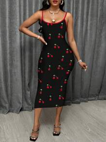 INAWLY Solva Abito da donna casual, stile resort, sfondo nero, con applicazioni tridimensionali a forma di ciliegie, semplice, sottile, con collo alto