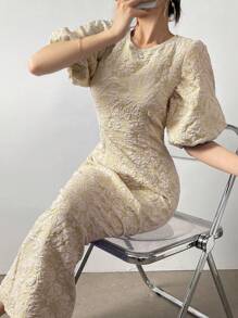 Modelyn Women Lantern Sleeve Solid Color Simple And Elegant Dress Maxi Women Outfit - Apricot - View 5