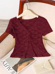 INAWLY 女士优雅纯色蕾丝衬衫，夏季 - 酒紅色 - 查看 3