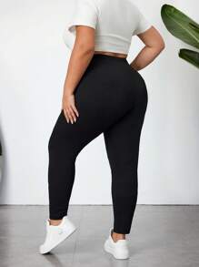 SHEIN CURVE+ 加大码女式基本款紧身裤，可调节松紧腰身，曲线加大，波西米亚度假风 - 黑色 - 查看 3