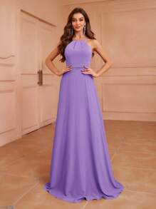 Aureia 挂脖式低背裹身褶皱腰超长喇叭形 A 字形不对称荷叶边背部伴娘礼服（成人） - 紫羅蘭色 - 查看 6