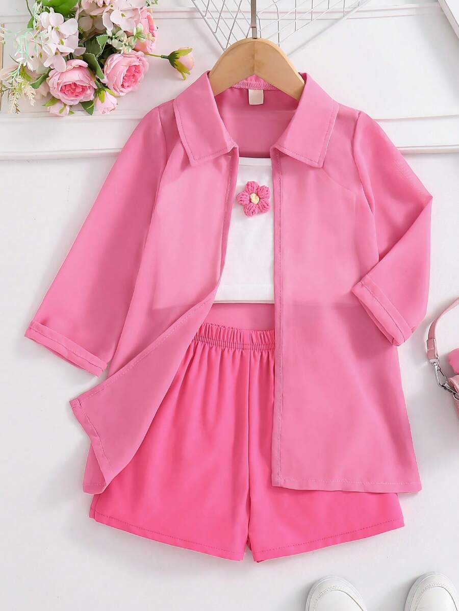 SHEIN Elladie kids 年轻女孩纯色长袖衬衫、短裤2件套+夹克 - 玫紅色 - 查看 1