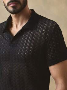 Manfinity ModaGents Camisa polo casual de manga corta, ajustada, con jacquard y calado para hombre