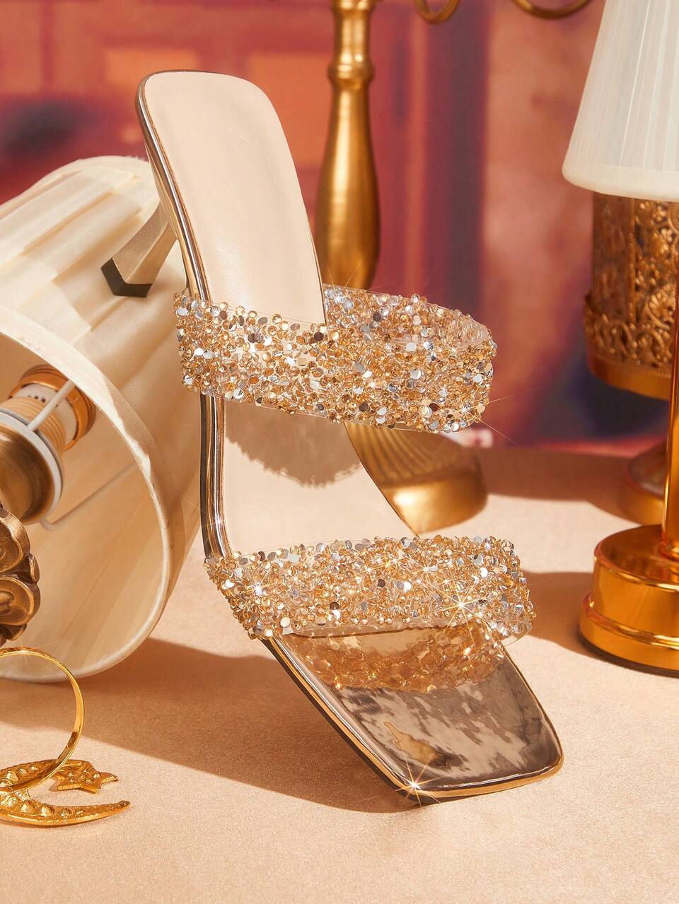 CUCCOO TILAWA Fashion Crystal Simple Elegant Square Toe Stiletto High Heel Mules, For Commuting, Dating, Party, Holiday, Wedding Summer Shoes
