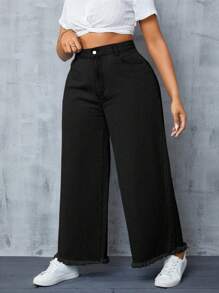 SHEIN SXY Plus Size Casual Solid Color Slant Pocket Frayed Hem Wide Leg Pants - Black - View 6