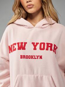 MISSGUIDED 纽约布鲁克林校队连帽衫运动衫休闲街头装学院风都市时尚运动休闲秋冬男女通用连帽运动套头衫 - 粉色 - 查看 4