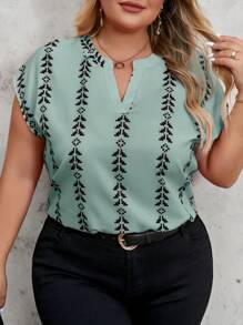 SHEIN Clasi Plus Size Olive Green Woven Fabric Blouse With Notched Neckline And Short Sleeves, Casual Style - Olive Green - View 1