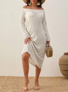 RueChic Women's Sexy Hollow Out Off Shoulder Long Dress, The ShoreGlow Cover-Up Dress – Bare Shoulder Vibes, Knit Texture & Coastal Cool Energy - Apricot - View 1