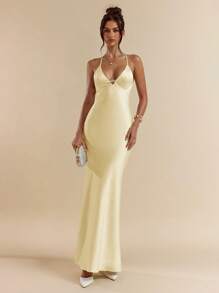 SHEIN BAE 杏色和白色深 V 领细肩带露背连衣裙，优雅连衣裙，适合度假、伴娘、生日派对、毕业典礼、婚礼 - 白色连衣裙 - 黃色 - 查看 2
