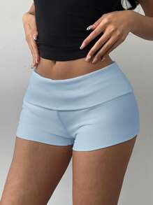 SHEIN BASICS Pantalones cortos de yoga de color liso y de tiro bajo para mujeres - Celeste - Ver 4