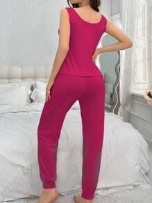 SHEIN Bộ đồ ngủ nữ thường ngày áo ba lỗ sọc túi và quần - Màu Hồng Tươi - Xem 2