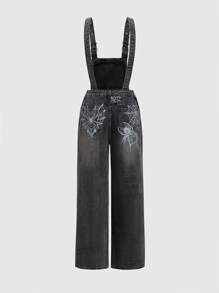 ROMWE Punk Style Women Distressed Spider Print Straight Leg Boyfriend Denim Overalls - Dark Grey - View 2