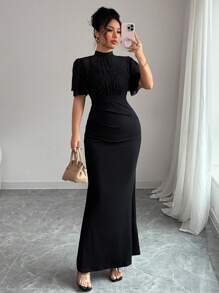 Rafferiza French Elegant Solid Color Stand Collar Double Layer Bowknot Tie Ruffle Trim Fitted Mesh Overlay Women Mini Dress - Black - View 5