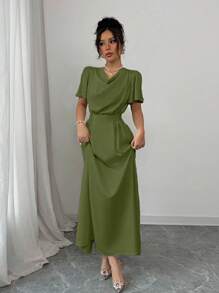 Elenzga Vestido largo de satén color champán con diseño de cuello drapeado, ajuste en la cintura y lazo en la espalda, adecuado para el Día de San Valentín y la temporada de bodas