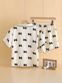 Girls Teen Apricot Base Black Bow Print Lapel Cardigan Short Sleeve Shorts Casual Loose Pajama Set, Summer,Travel - Apricot - View 2