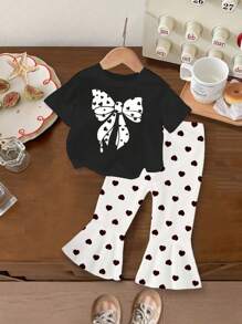 Baby Girl Bowknot Printed Short Sleeve Top And Flare Pants Set - Multicolor - View 2