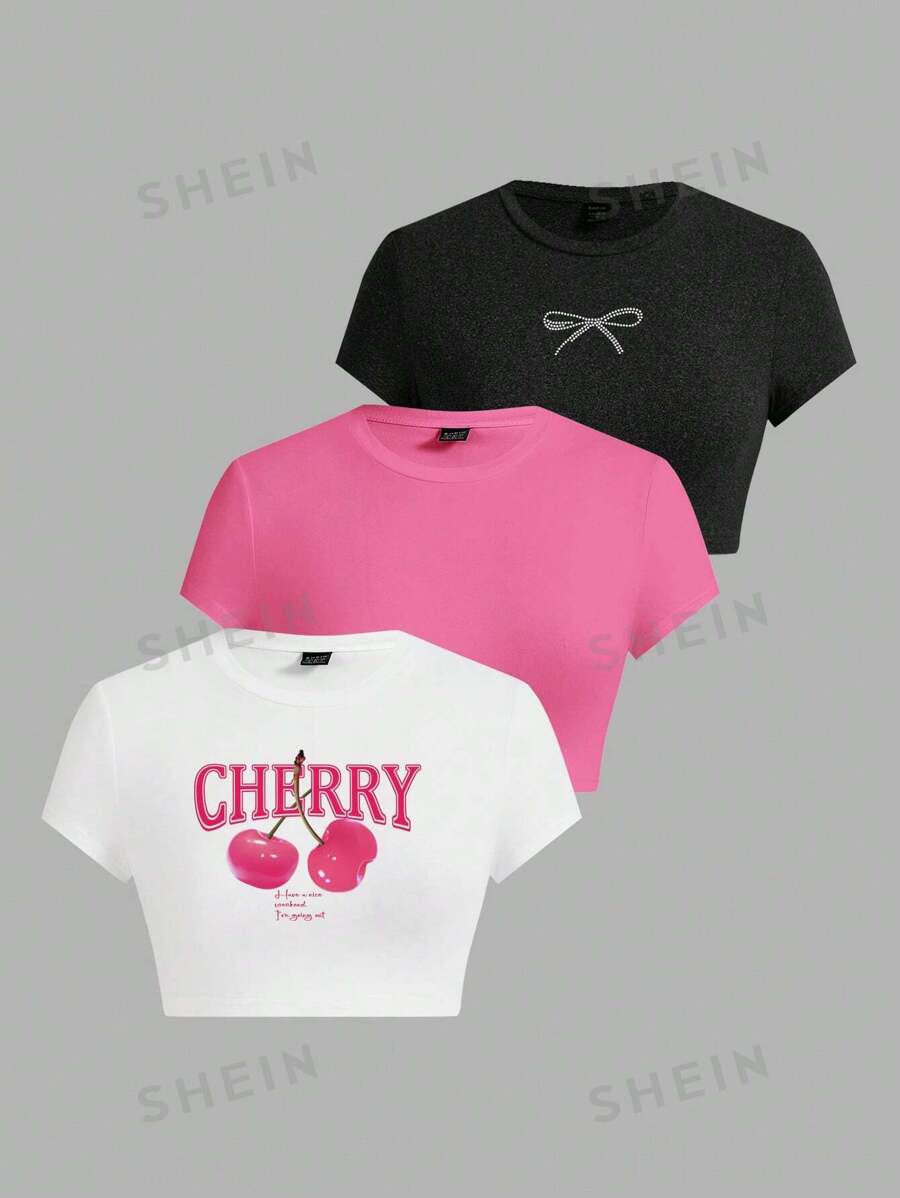 SHEIN EZwear Set de 3 camisetas de mujer de estilo casual y minimalista con estampado de cerezas, para el verano