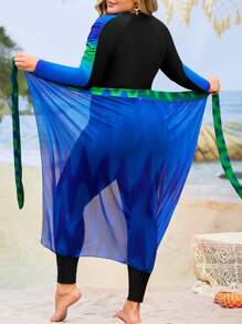 Swim Shayni 大码女士两件套渐变印花布基尼泳衣套装，长袖设计，修身剪裁，前拉链，半透明长裙款式，是夏季海滩度假的完美之选 - 黑色 - 查看 6