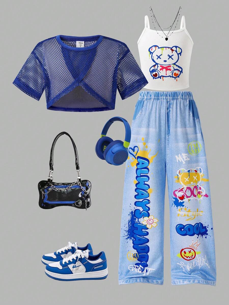 SHEIN Kleine Mädchen Lässig Netz Crop Top passend zu bedrucktem Trägerhemd & weite Hose 3-teiliges Set, geeignet für Alltag, Urlaub, Veranstaltungen - marineblau - Übersicht 1