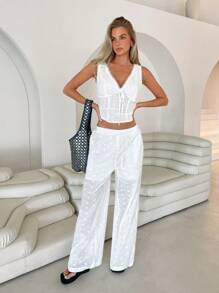 Roylia Damen Urlaubs-Lässig Einfarbige Hohlstick-Stickerei Lange Hose