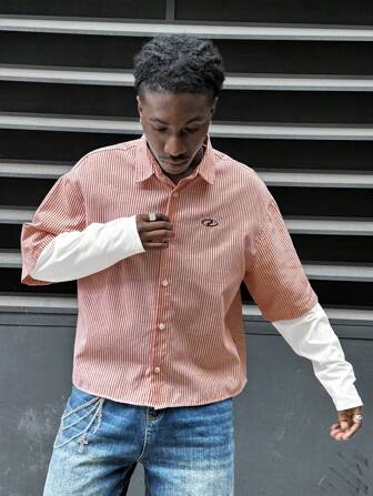 Manfinity RebelGame Camisa de manga larga con estampado de rayas, holgada, para hombres