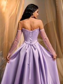 Glamrae Rochie elegantă, luxoasă, cu bule, cu mâneci detașabile, fără bretele, din satin, cu fantă înaltă, în coadă de pește, potrivită pentru nunți, petreceri, vacanțe, gale, evenimente formale (stil înfrumusețat) - Violet - Vizualizare 7