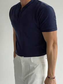 DAZY Summer Men's Slim Fit V-Neck T-Shirt, Solid Blue Color Business Attire - Blue - View 6