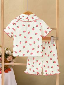 2pcs Baby Girls' Casual Cute Woven Digital Print Strawberry Pattern Shirt With Collar Ruffle And Matching Strawberry Print Shorts Comfy Pajama Set - White - View 3