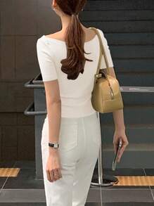 DAZY 女士圆领修身短袖优雅 T 恤，灰色，春夏，商务休闲女士 - 白色 - 查看 2