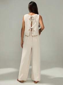 SHEIN PETITE 1 bộ đồ ngủ liền thân màu trơn đơn giản cho nữ đi nghỉ mát và quần hai mảnh - Màu be - Xem 3