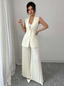 Elenzga Tailored Jacket With Cinched Waist And Pleated Wide Leg Design Suit Set - Apricot - View 3